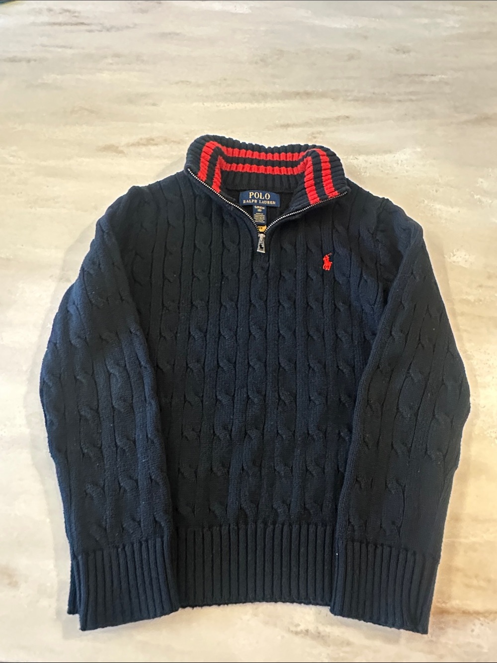 Polo by Ralph Lauren Navy Cable-Knit Half-Zip Sweater with Red Trim